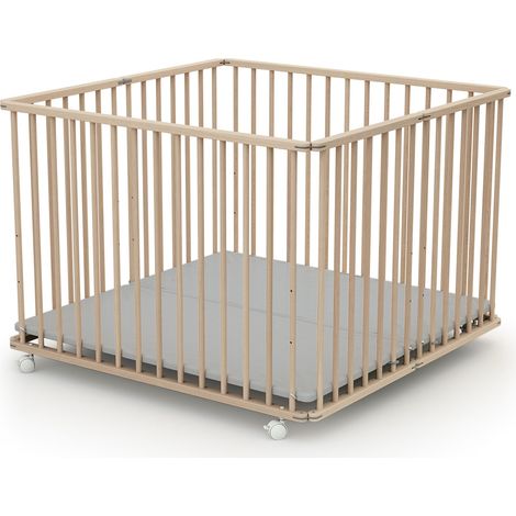 Les Tendances – Parc bébé pliant en bois 100 x 100 cm – 4 roues avec frein – Fond en PVC réglable 3 hauteurs – Pour enfants jusqu'à 15 kg (1/4)
