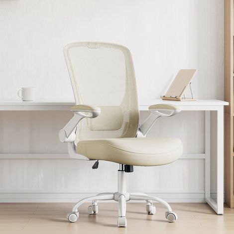 Fauteuil de bureau ergonomique, assise large 53 cm, accoudoirs rabattables, chaise de travail, support lombaire, tissu maille, pour chambre ou bureau, beige (1/5)