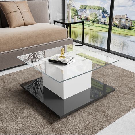 Couchtisch, Couchtisch aus Hochglanzglas, beweglicher Couchtisch mit Schwenkrädern (1/5)
