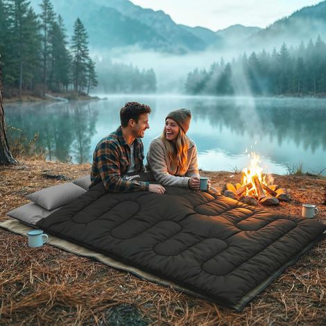 Sac de couchage double, convertible en 2 sacs de couchage pour 2 personnes, 2 oreillers, tête de lit, 400 g/m², 220 x 160 x 10 cm, noir (1/5)