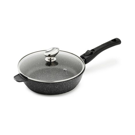 Sauteuse PREMIUM Fonte d'Aluminium Manche Amovible avec Couvercle en Verre - Pradel - Noir - l260- L1- P300- h- Fonte d'Aluminium