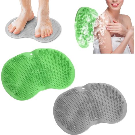 Tapis de Douche Antidérapant en Silicone 2PCS – Tapis de Bain pour Pieds et Dos avec Ventouses et Picots de Massage – Brosse Exfoliante Pieds et Dos, Douche & Baignoire, Gris et Vert 28×22cm (1/5)