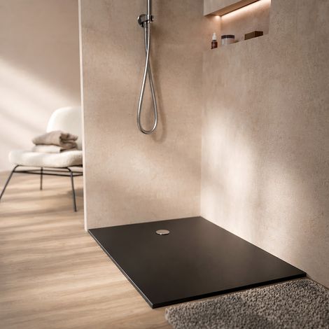 Plato de ducha 120x90x2.6cm en Polibeton negro mate Soft-Touch recortable (1/5)