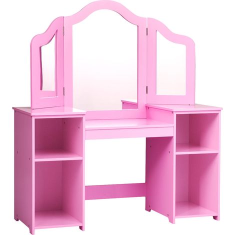 Coiffeuse enfant rose avec miroir triptyque, 4 rangements, table de maquillage et bureau pour chambre (1/5)