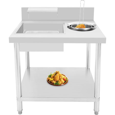 Table de préparation de poulet frite, 80 cm, table à panier, avec 2 paniers, station de cuisson commerciale en acier inoxydable, pour restaurants de poulet 80 x 70 x 93 cm