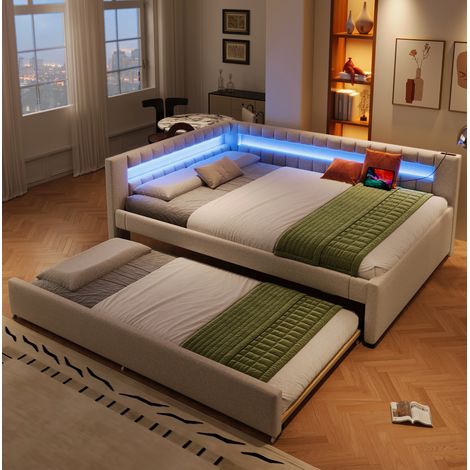 Cama diván moderna de lino beige 140x200 cm con cama nido 90x190, LED, USB y Type-C (1/5)