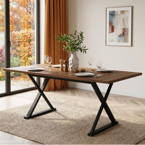 Table à manger 180 x 90 x 75 cm, style moderne, plateau MDF noyer, pieds métalliques en X (1/5)