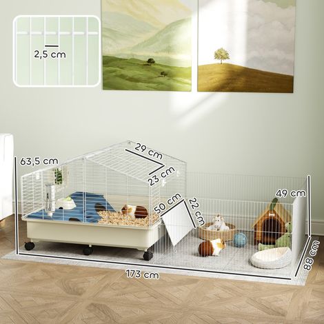 Cage lapin blanc métal bois avec enclos de jeu bouteille d’eau mangeoire foin rampe roulettes, habitat complet pour cochons d’inde hérissons (1/5)