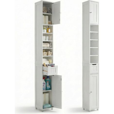 Vounot – Colonne de salle de bain 20x20x180cm – Meuble rangement 5 étagères réglables, 1 tiroir, 2 portes – MDF blanc – Dispositif anti-basculement (1/5)