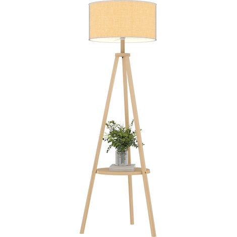 Lampadaire trépied avec structure en bois naturel et abat-jour en tissu gris avec étagère intégrée 48x48x153 cm (1/5)