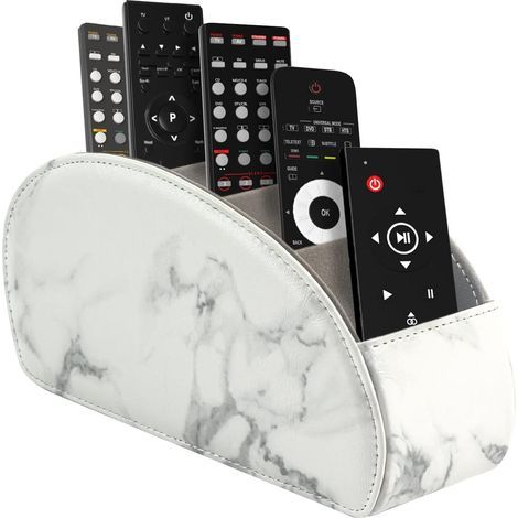 Remote control holder with 5 pockets, Large holder for TV, DVD, 4K Stick and Blu-ray remotes, Remote control storage with pen holder, White Marble (1/5)