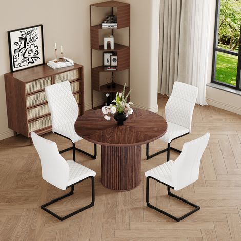 Tavolo da pranzo in MDF noce + 4 sedie in PU bianche, set 4 posti, stile moderno con sedute imbottite (1/5)