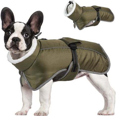 Abrigo de invierno impermeable para perros, Súper cálido, Franjas reflectantes, Chaqueta, Ropa para mascotas, Verde militar/Talla XXXL (1/5)
