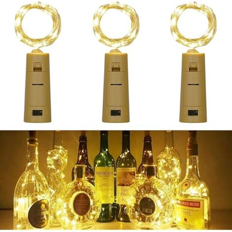 Lot de 3 guirlandes lumineuses en liège, 2M 20 LED argentées à piles, mini guirlandes pour fête, DIY, bocaux, Noël, mariage, décoration, anniversaire (blanc chaud)