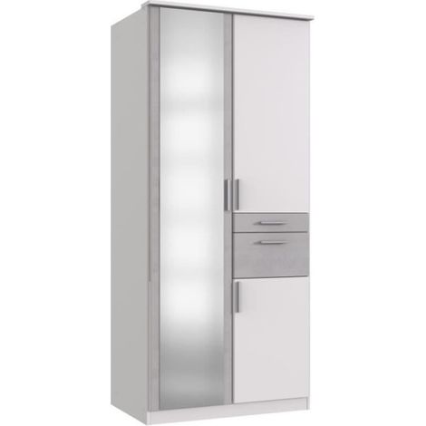 Armoire Décor Blanc & béton gris - 3 portes battantes - Miroir - 2 tiroirs - L90 x P58 x H199 cm - VOLOS (1/2)