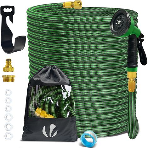 VOUNOT® Tuyau d'arrosage extensible renforcé 45m vert - 10 modes - raccord et sac de rangement inclus - flexible, anti-fuite