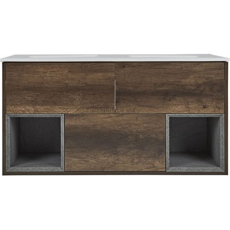 Milano Bexley Dark Oak 1210mm Bathroom Vanity Unit with Double Basin - With LED Light