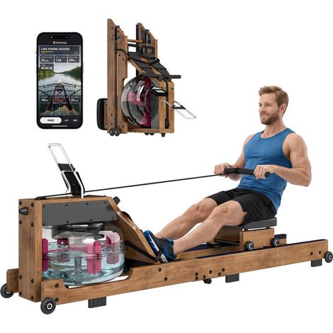 Rameur à Eau Connecté Bluetooth Kinomap Zwift, Double Rail Aluminium Pliable, Charge 158kg pour Entraînement Appartement (1/5)