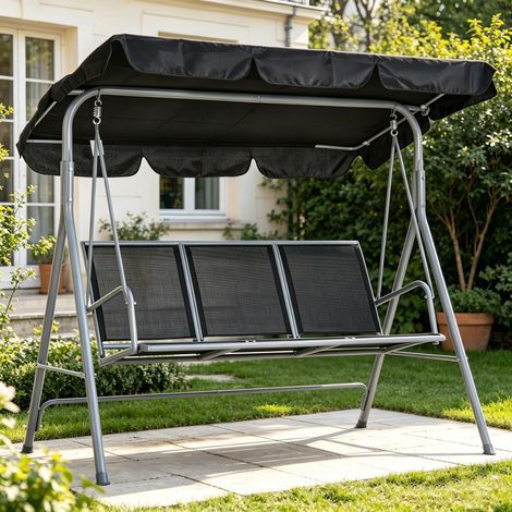 Balancelle de jardin 3 places, avec auvent réglable, siège tissé, Confortable et respirant, pour jardin, terrasse, Gris et Argent (1/5)