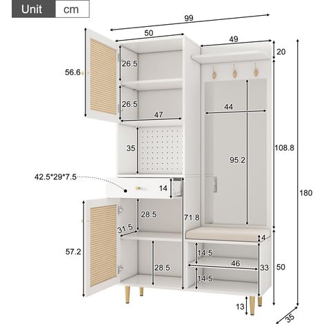 Ensemble vestiaire avec banc à chaussures, miroir, crochets et armoire, 2 portes rotin, 1 tiroir et étagère ouverte, 99x35x180 cm, coloris blanc (1/5)
