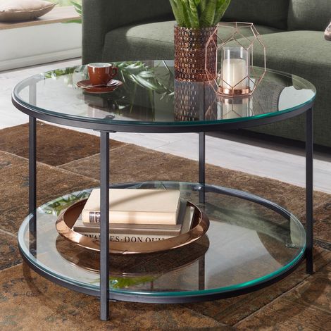 Table basse ronde 80x80x45 cm en verre et acier noir (1/5)