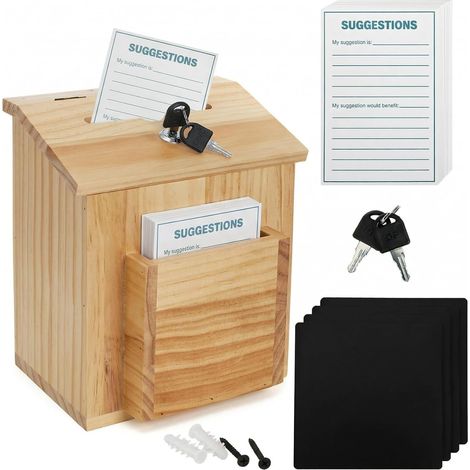 Boîte à suggestions en bois avec 50 cartes gratuites, boîte à bulletins de vote en pin naturel, couvercle à charnière verrouillable pour comptoir ou montage mural, 21,8 x 17,3 x 25,4 cm (1/5)