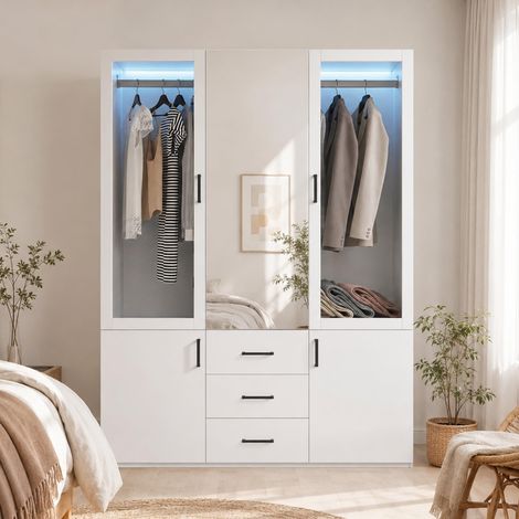 Armoire Moderne Blanche avec Miroir et LED, Armoire Multifonctionnelle pour Chambre avec 2 Portes Transparentes, 3 Tiroirs, Compartiments de Rangement et Tringle à Vêtements pour Appartements (1/5)