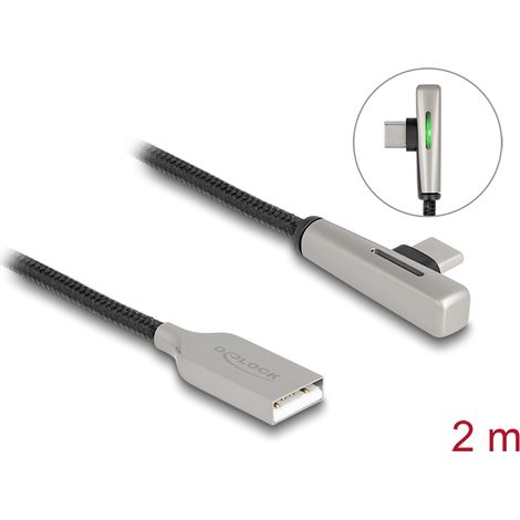 Delock Cable USB 2.0 Tipo-A macho a USB Type-Câ¢ macho acodado con LED y carga rÃ¡pida 60 W 2 m