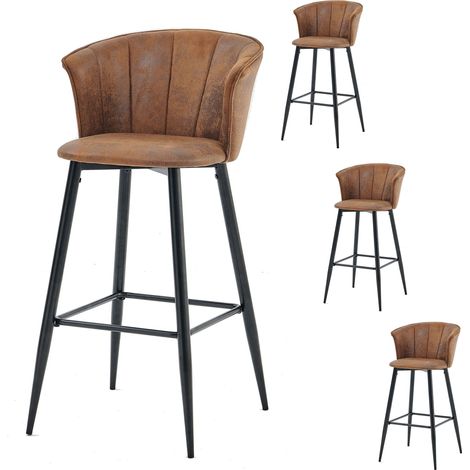 Lot de 4 Tabouret de Bar Rétro Vintage avec Accoudoirs Dossier et Repose-Pieds, Chaises Rembourrés en Suède Marron, Siège de Cuisine de 72 cm Haut, Style Industriel (1/5)