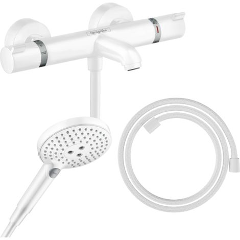 HANSGROHE Pack mezclador termostático para baño-ducha Ecostat Comfort + Designflex flexible + rociador Raindance Select 3jet blanco mate