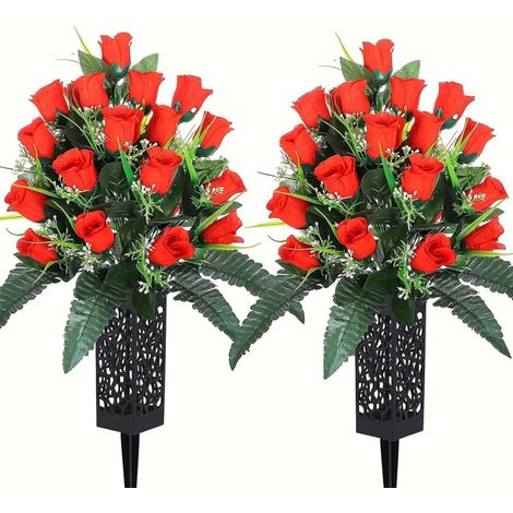 Lot de 2 Bouquets fleurs artificielles, Soie plastique résistant UV eau, Vase piquet 7cm stabilité, Décoration cimetière tombe (1/5)