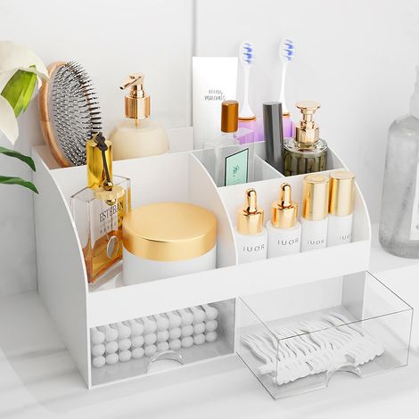 Make-up-Organizer mit Schubladen, Kosmetikaufbewahrung für Schminktisch und Badezimmerablage, Lippenstiftpinselhalter, Hautpflege-Organizer für Schminktisch, Kosmetikvitrine (weiß) (1/5)
