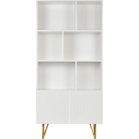 Libreria design con incisioni bianco opaco e metallo dorato 2 ante L86 cm OZEN