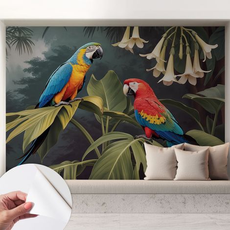 Selbstklebende Tapete modern Wohnzimmer - Wanddeko Schlafzimmer - Tapete mit Motiv Bunte Papageien 208x146 cm (1/5)