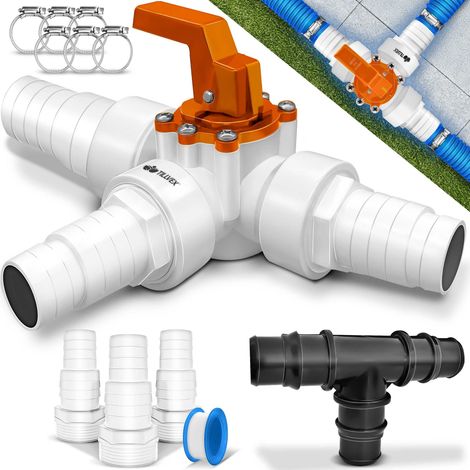 tillvex® Bypass Set Pool 12-tlg. - Ø32 & 38 mm Anschluss 3-Wege-Ventil & ABS-Adapter 6x Schlauchschellen & 8m Isolierband – ideal für Sandfilteranlagen, Wärmepumpen & Poolheizung (orange)