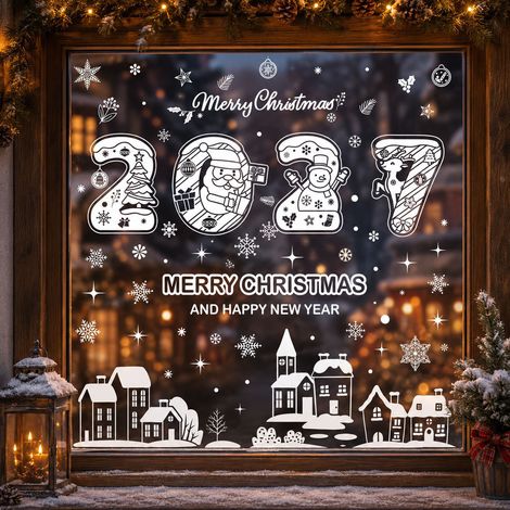 Autocollants de maison et de village enneigés pour Noël, autocollants de flocons de neige blancs pour fenêtres, autocollants statiques de traîneau de rennes dorés, décorations de fenêtre 2027.