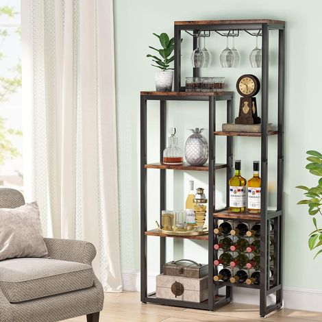 Tribesigns Wine Rack Freestanding Floor, 5-Tier Wine Baker Rack with Glass Holder & Wine Storage, Industrial Wine Display Shelf Wine Bar Cabinet for Bar, Kitchen, Dining Room, Rustic Brown (1/5)