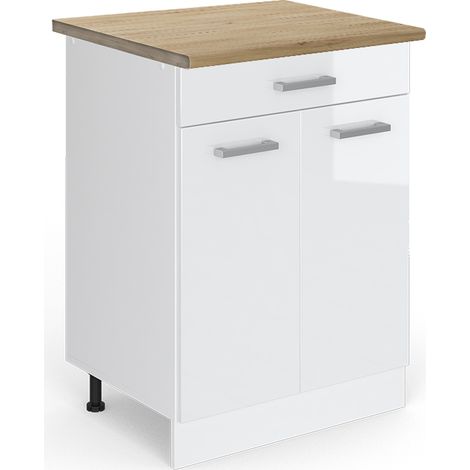 Küchenunterschrank R-Line, Weiß Hochglanz, 60 cm mit Schublade, AP Eiche, Vicco
