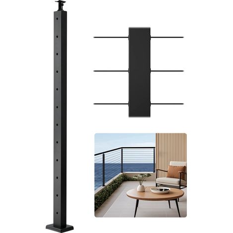 Poteau Garde Corps, 1067x50,8x50,8 mm, Poteau Rampe d'Escalier à Câble, Trous Horizontaux Pré-percés, Support Horizontal et Incurvé, pour Main Courante, Balustrade, Noir, 1JZLGZXHS106AWJO6001V0 (1/5)