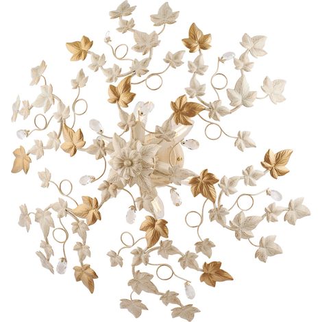 Plafoniera Shabby Edera 6 Luci Ferro Battuto Avorio Oro Con Foglie E Cristalli (1/3)