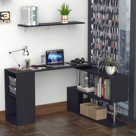 Escritorio esquinero que ahorra espacio con estante en forma de S, escritorio moderno de madera, 140x120x78 cm, negro