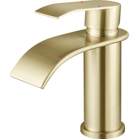CECIPA MAX Badarmatur Wasserfall Wasserhahn Bad, Edelstahl Waschtischarmatur, Einhebelmischer Mischbatterie Bad, Gebürstetes Gold S (1/5)