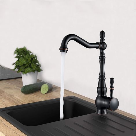 Mitigeur lavabo noir Retro,Laiton Massif Un Trou Levier Unique Haute-Arc Robinets de Lavabo Évier,Rétro et Antique Design,Bronze Huilé (1/5)