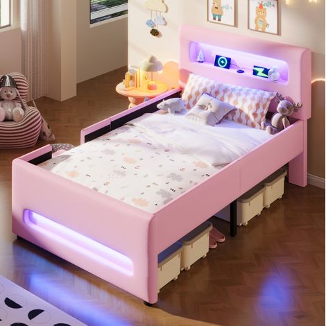 Lit enfant 90x200 cm avec tiroir et LED, avec marche, en tissu, rose, sans matelas (1/5)