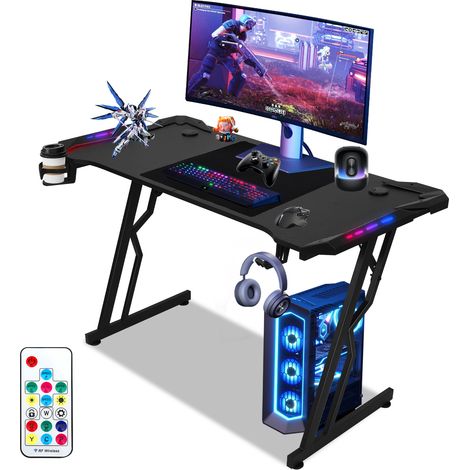 Randaco Gaming Tisch mit Mauspad, Getränkehalter und Kopfhörerhaken, Z-förmige Tischbeine Gaming Schreibtisch - 120x60cm, met LED+Fernbedienung