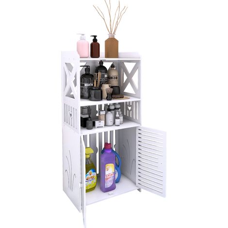 Badezimmerschrank, Eckschrank mit Tür und Ablageflächen, verstellbar, moderner Stil, Holz, für Badezimmer, Weiß – 45 x 25 x 90 cm (1/5)