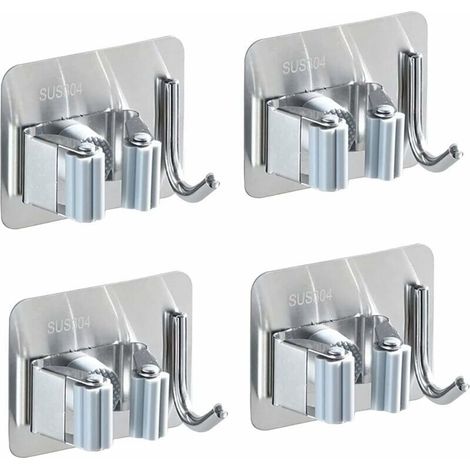 Set of 4 stainless steel wall-mounted broom holders, self-adhesive, rustproof, with 1 hook and 1 quick-release fastener for mops, brooms, and garden tools - LIAIKI