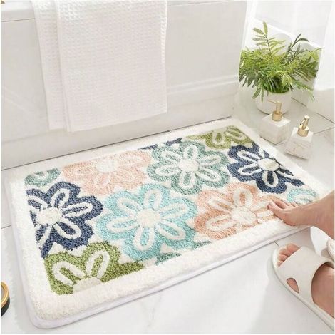 Tapis de bain floral, doux, absorbant, durable, joli tapis de salle de bain en microfibre pour la douche, lavable en machine, antidérapant, tapis de bain, 16 x 24 pouces, décoration d'entrée (1/4)