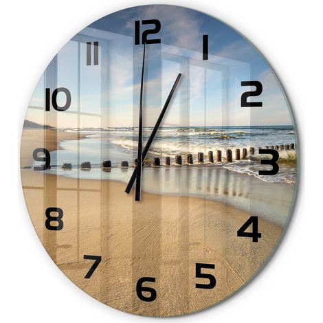 Horloge Murale Ronde Déco Salon Verre Trempé Silencieuse Design Contemporain Plage sur la mer Baltique fi 60 cm (1/5)