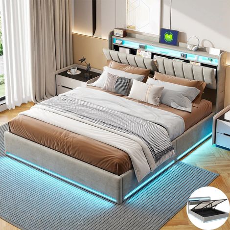 Lit 140x190 cm avec LED et USB - lit coffre avec sommier à lattes - cadre de lit adulte - Tête de lit Rangement - tissu velours gris (1/5)